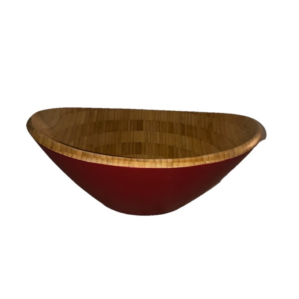 Bamboo Serving Bowl ‎ Red Oval 14x13x5" Salad Fruit Minimalist Rustic Farmhouse